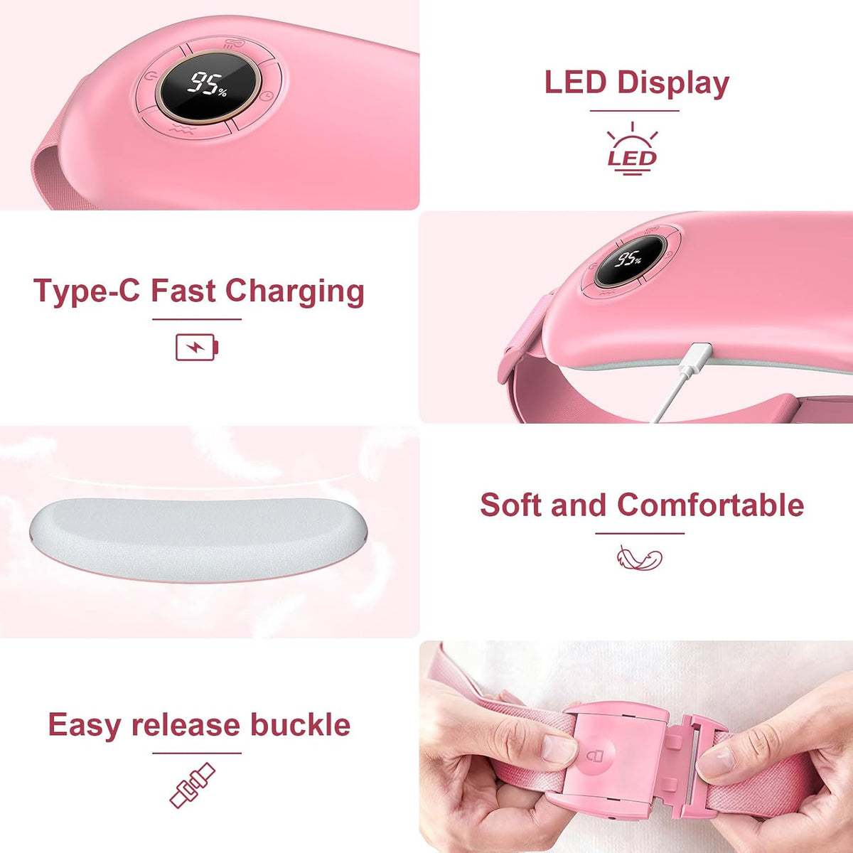 Period Cramp Heating Pad with 3Heat Levels & 3Massage Modes, Pink