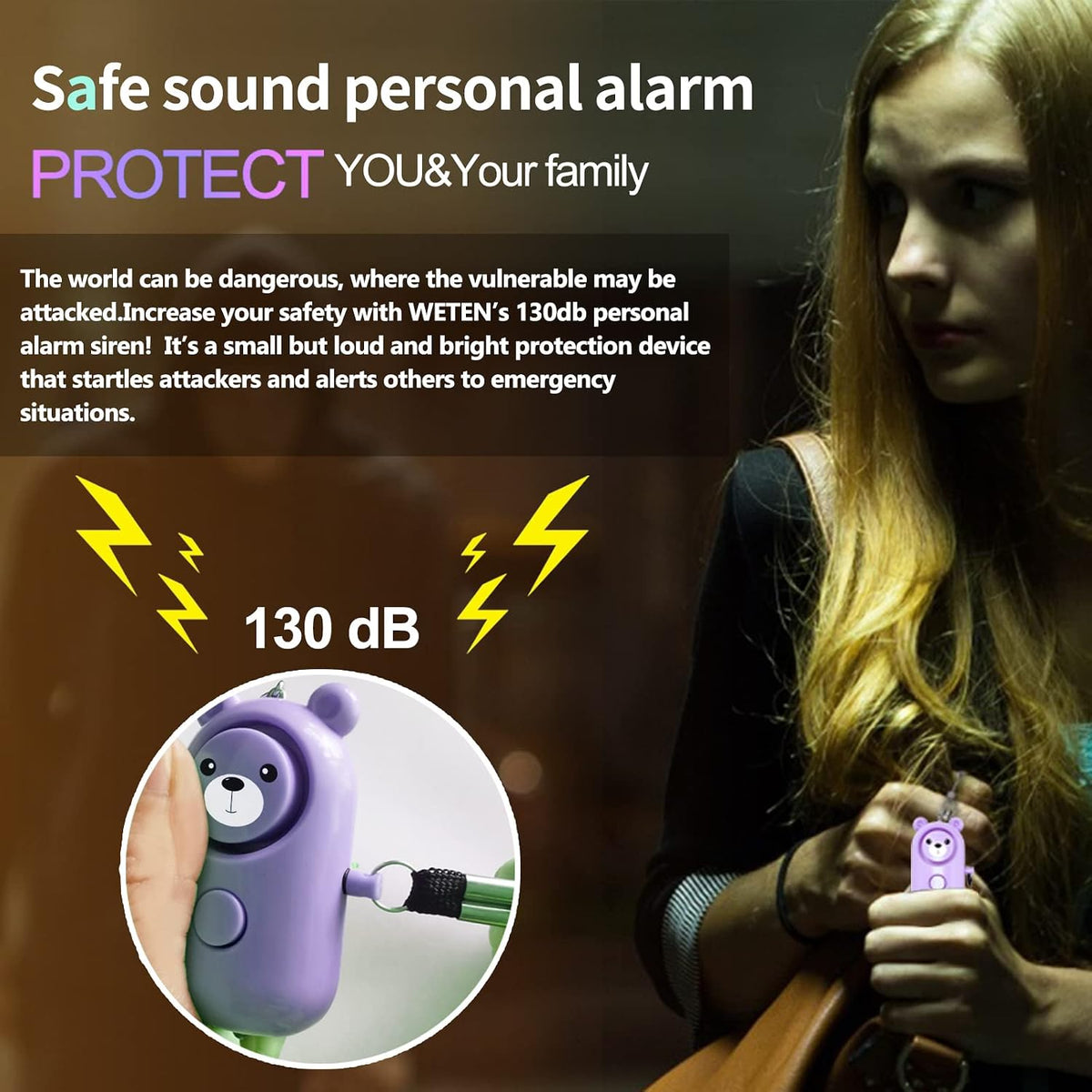 Personal Alarm Safe Sound for Women Kids Elders, 2 Pack Cute 130Db Loud Siren Safety Self-Defense with LED Light, Security Keychain Emergency Alert Alone (Blue+Purple)