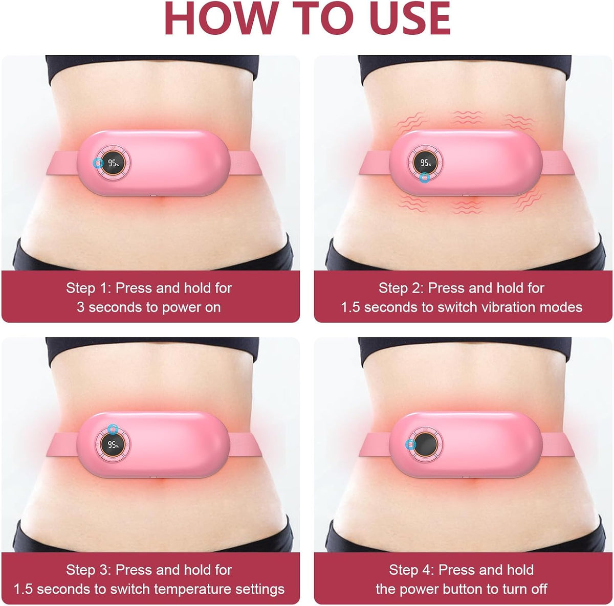 Period Cramp Heating Pad with 3Heat Levels & 3Massage Modes, Pink