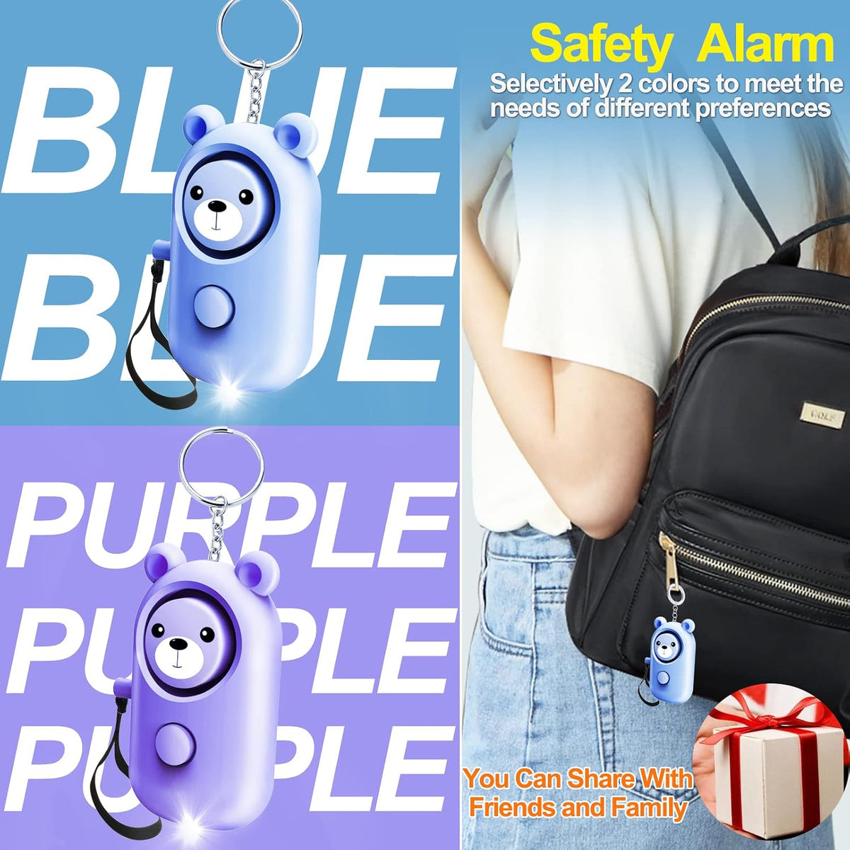 Personal Alarm Safe Sound for Women Kids Elders, 2 Pack Cute 130Db Loud Siren Safety Self-Defense with LED Light, Security Keychain Emergency Alert Alone (Blue+Purple)